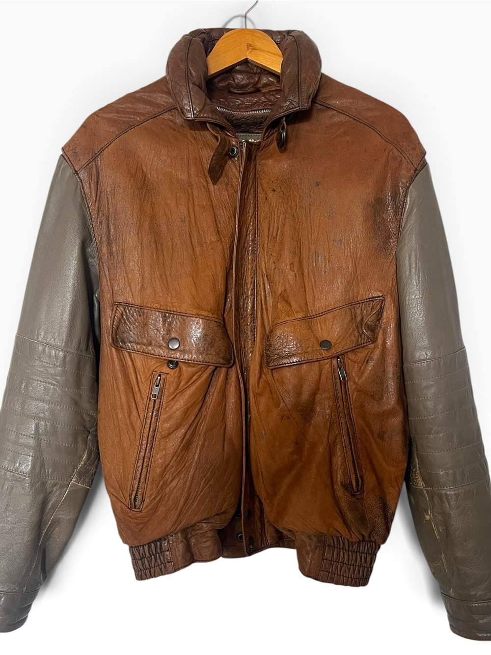 Vintage Two-Tone Leather Bomber Jacket - Brown & Gray